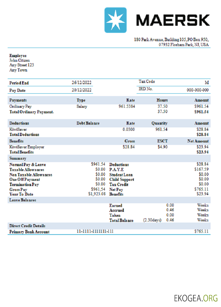 Talon de paie de la compagnie maritime USA Maesk